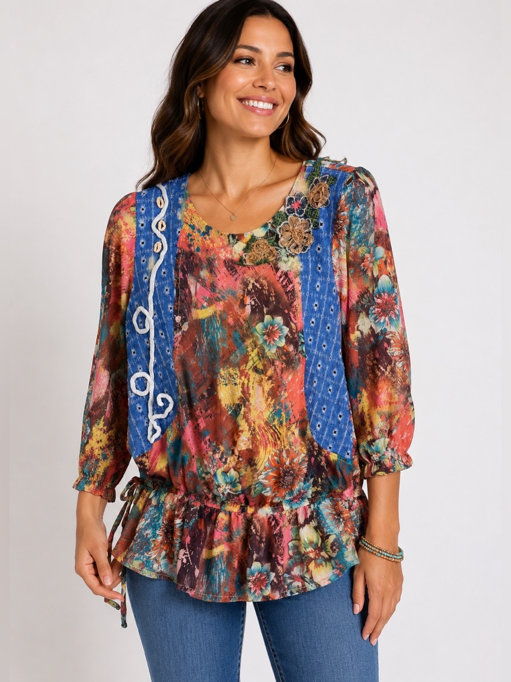 Simply Couture Boho Floral Denim Art to Wear Blouse M/L